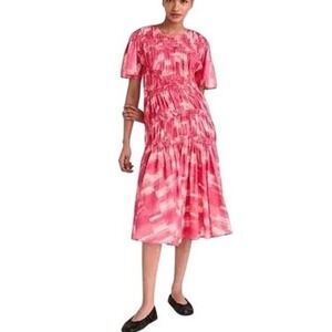 New MERLETTE Seraphine Midi Dress Pink Print Ruched Spring‎ Summer Women's M